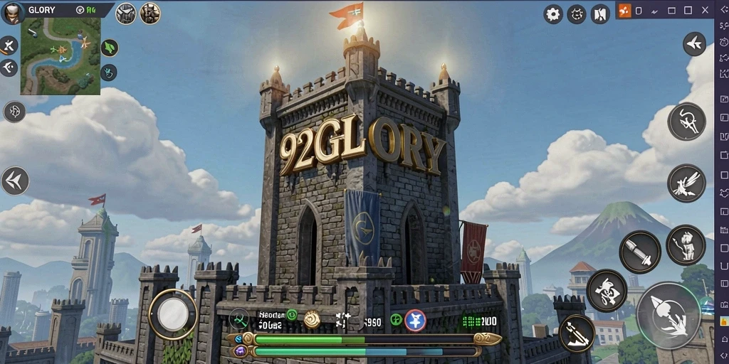 Screenshot gameplay 92GLORY menampilkan aksi menara pertahanan yang intens.