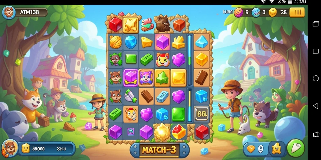 Tampilan gameplay ATM138 yang penuh warna dan seru dalam kategori Match-3.