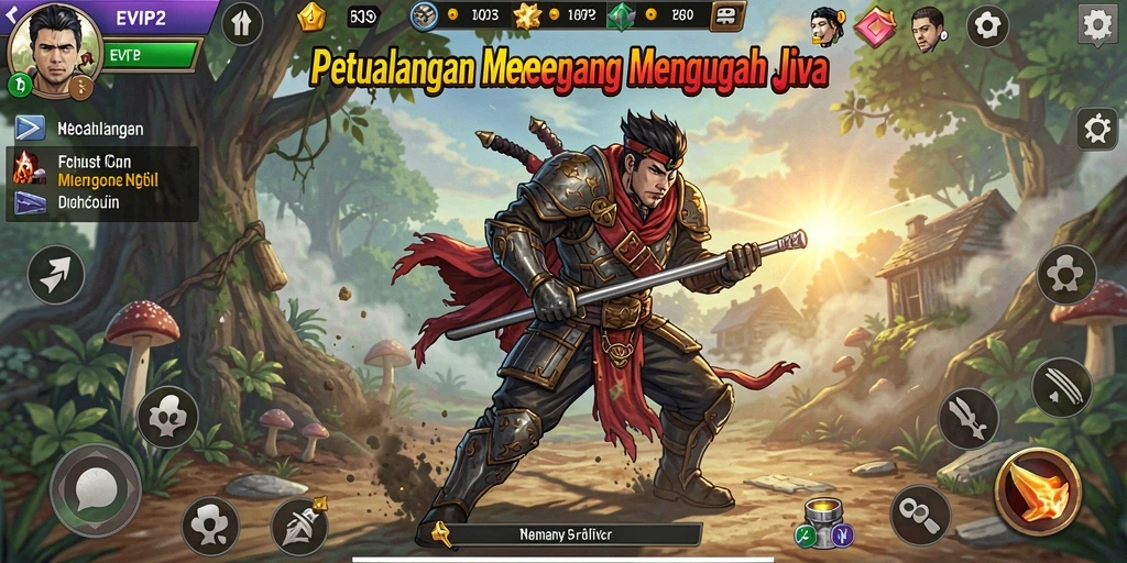 Tampilan gameplay utama EVIP2 yang menampilkan eksplorasi dunia petualangan.