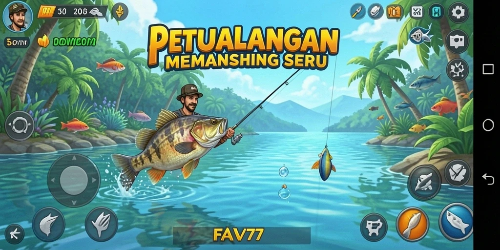 Screenshot gameplay FAV77 menampilkan momen seru saat memancing ikan besar.