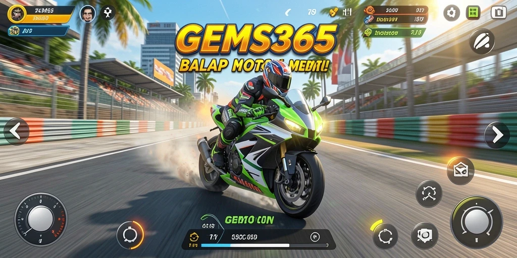 Tampilan gameplay GEMS365 dengan motor balap yang memukau.