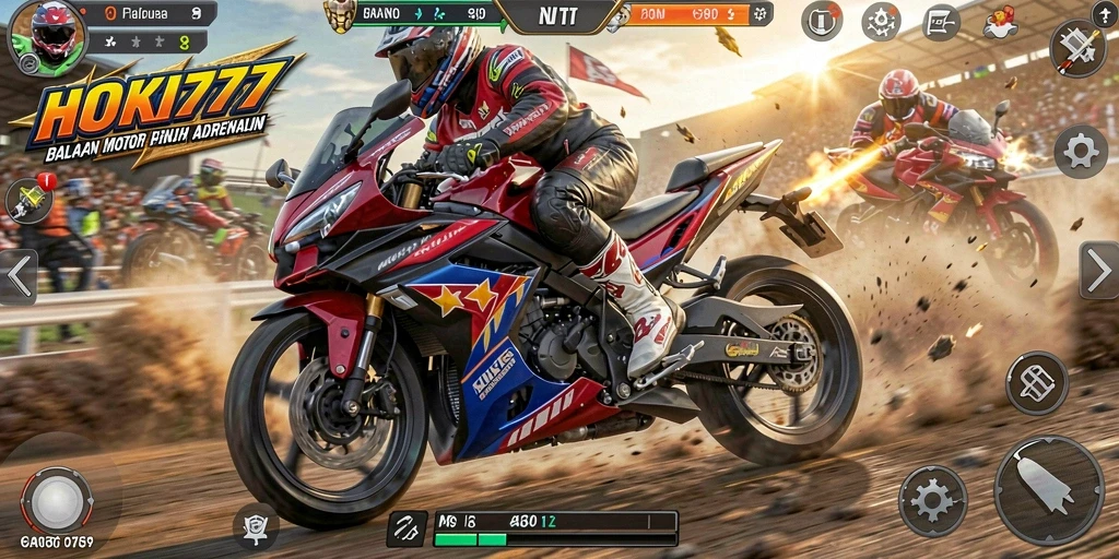 Gambar gameplay HOKI777 yang menunjukkan aksi balap motor yang seru.