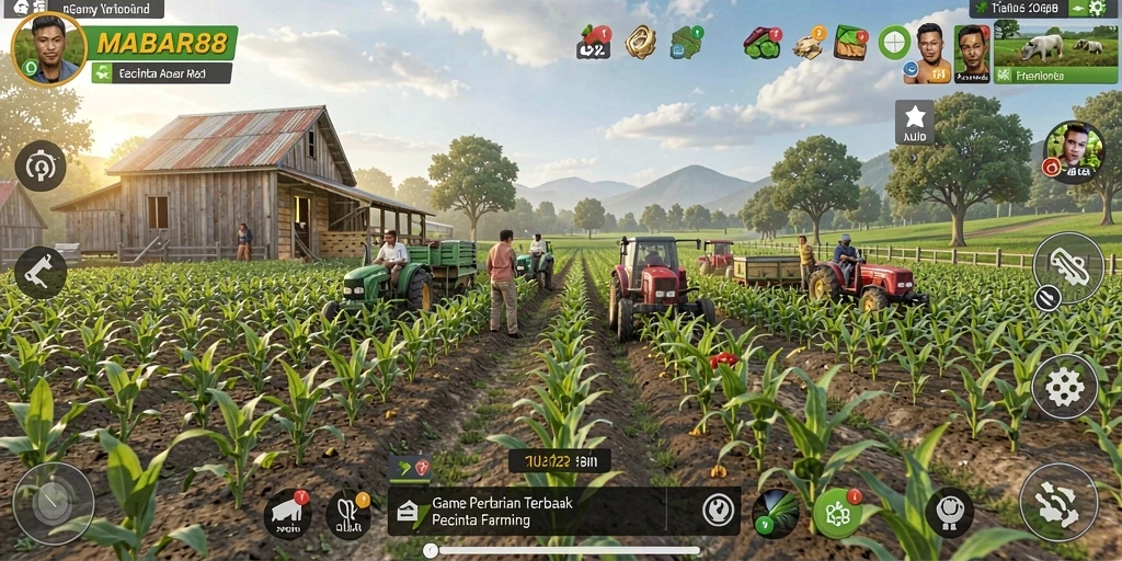 Tampilan gameplay MABAR88 dengan ladang hijau dan beragam tanaman.