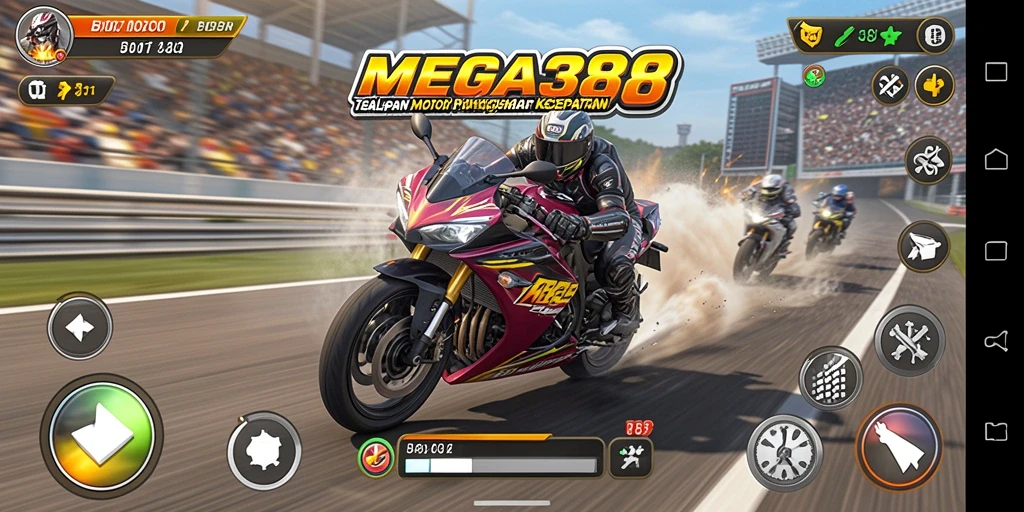 Tampilan gameplay MEGA388 yang mendebarkan dalam balapan motor.