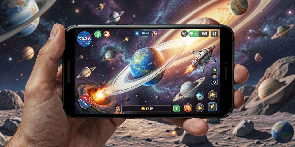 Tampilan gameplay NASA4D dengan aksi petualangan luar angkasa.