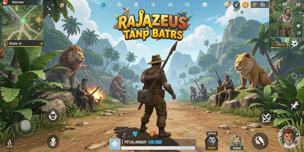 Screen gameplay RAJAZEUS yang menampilkan petualangan di dunia terbuka.