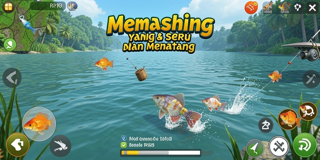 Screenshot gameplay RR89 menampilkan aksi menangkap ikan yang seru.