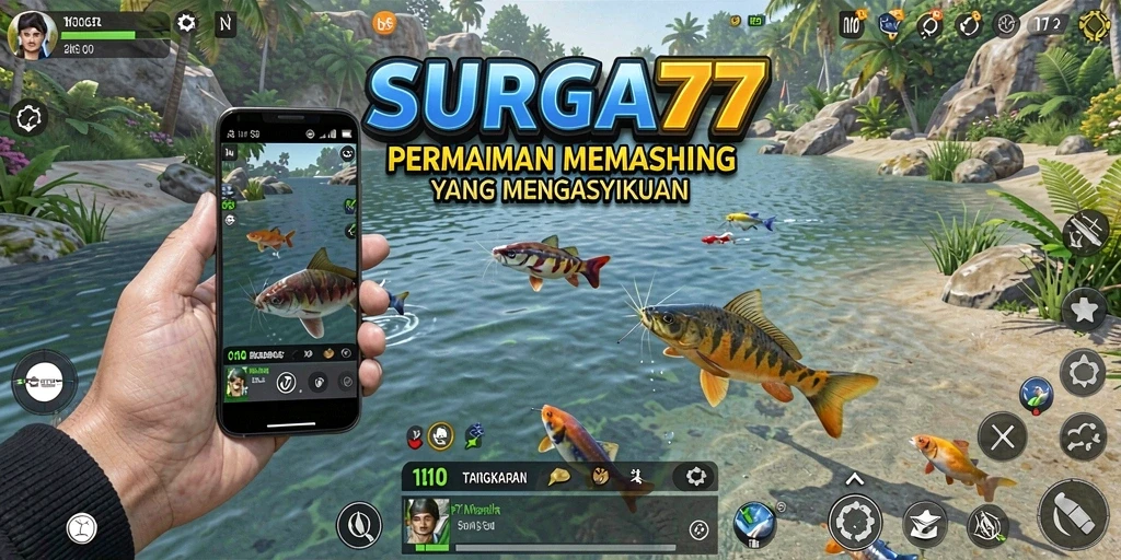 Tampilan gameplay SURGA77 yang menarik saat memancing ikan di danau.